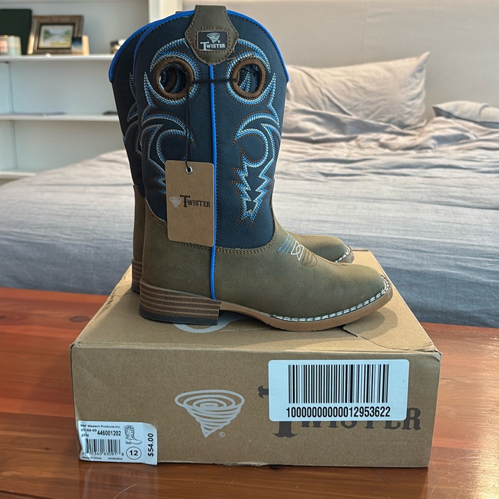 Twister Kids Ben Brown & Navy Square Toe Cowboy Boots Size 12